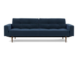 Dublexo Styletto Dark Wood sovesofa med armlæn i 414 Esina Indigo Blue, set forfra