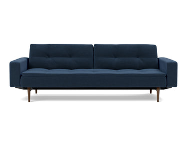Dublexo Styletto Dark Wood sovesofa med armlæn i 414 Esina Indigo Blue, set forfra
