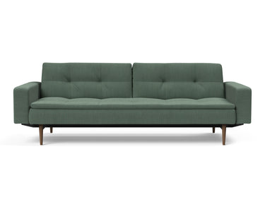 Dublexo Styletto Dark Wood sovesofa med armlæn i 518 Elegance Green, set forfra