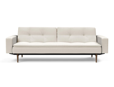 Dublexo Styletto Dark Wood sovesofa med armlæn i 531 Bouclé Off White, set forfra