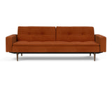 Dublexo Styletto Dark Wood sovesofa med armlæn i 595 Corduroy Burnt Orange, set forfra