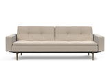 Dublexo Styletto Dark Wood sovesofa med armlæn i 612 Blida Sand Grey, set forfra