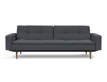 Dublexo Styletto Dark Wood sovesofa med armlæn i 894 Mozart Grey Bronze, set forfra