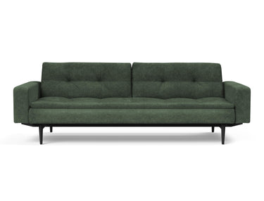 Dublexo Styletto Black Wood sovesofa med armlæn i 281 Avella Pine Green, set forfra