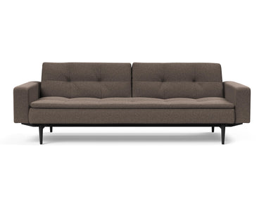 Dublexo Styletto Black Wood sovesofa med armlæn i 530 Bouclé Taupe, set forfra