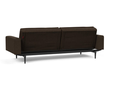 Dublexo Styletto Black Wood sovesofa med armlæn i 358 Taura Chocco, set skråt bagfra
