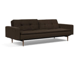 Dublexo Styletto Dark Wood sovesofa med armlæn i 358 Taura Chocco, med den ene ryghalvdel lænet tilbage