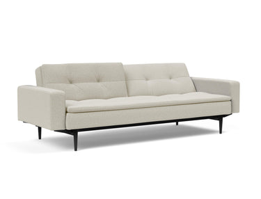 Dublexo Styletto Black Wood sovesofa med armlæn i 527 Mixed Dance Natural, med den ene ryghalvdel lænet tilbage