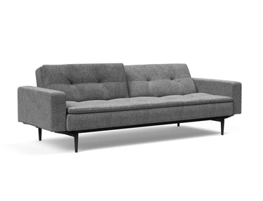 Dublexo Styletto Black Wood sovesofa med armlæn i 563 Twist Charcoal, med den ene ryghalvdel lænet tilbage