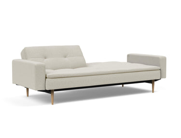 Dublexo Styletto Light Wood sovesofa med armlæn i 527 Mixed Dance Natural, med den ene ryghalvdel lagt ned