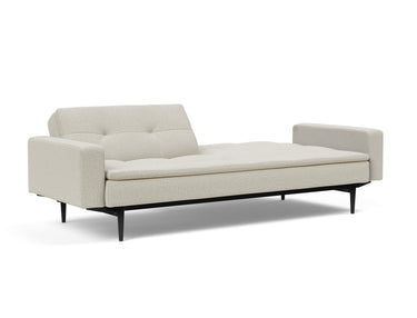 Dublexo Styletto Black Wood sovesofa med armlæn i 527 Mixed Dance Natural, med den ene ryghalvdel lagt ned