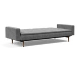 Dublexo Styletto Dark Wood sovesofa med armlæn i 563 Twist Charcoal, slået ud til seng