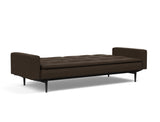 Dublexo Styletto Black Wood sovesofa med armlæn i 358 Taura Chocco, slået ud til seng