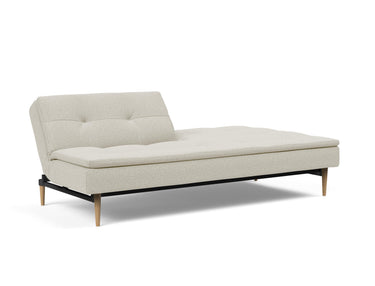 Dublexo Styletto Light Wood sovesofa i 527 Mixed Dance Natural, med den ene ryghalvdel lagt ned